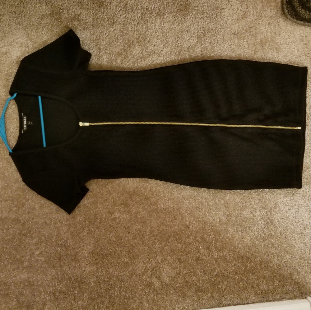 Express gold zipped ribbed short sleeve dress